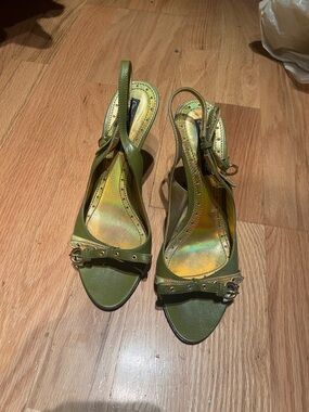 Olive Green Slingback Peep-Toe Heels with Buckle Accent